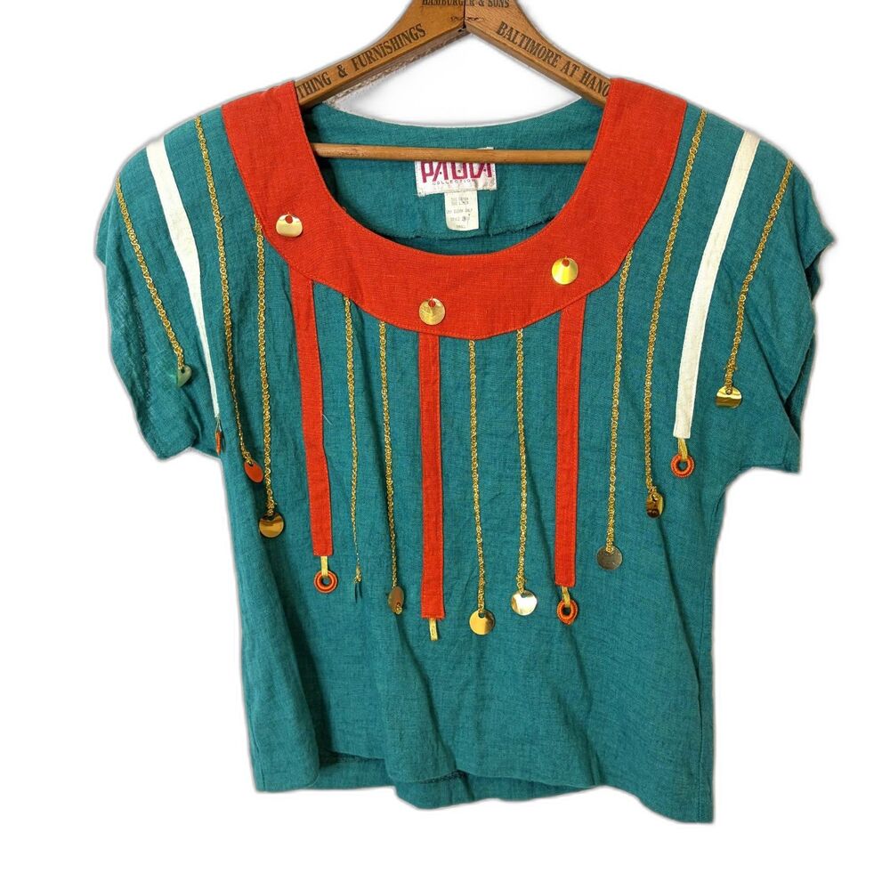 VTG Paola Collection Teal & Coral Linen Blend Top Gold Charm Embellished Small